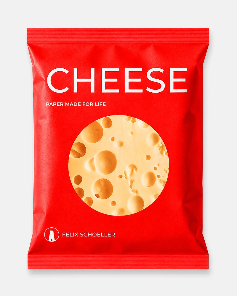 Rote Papierverpackung für Käse mit Käselochmotiv im Sichtfenster von Felix Schoeller