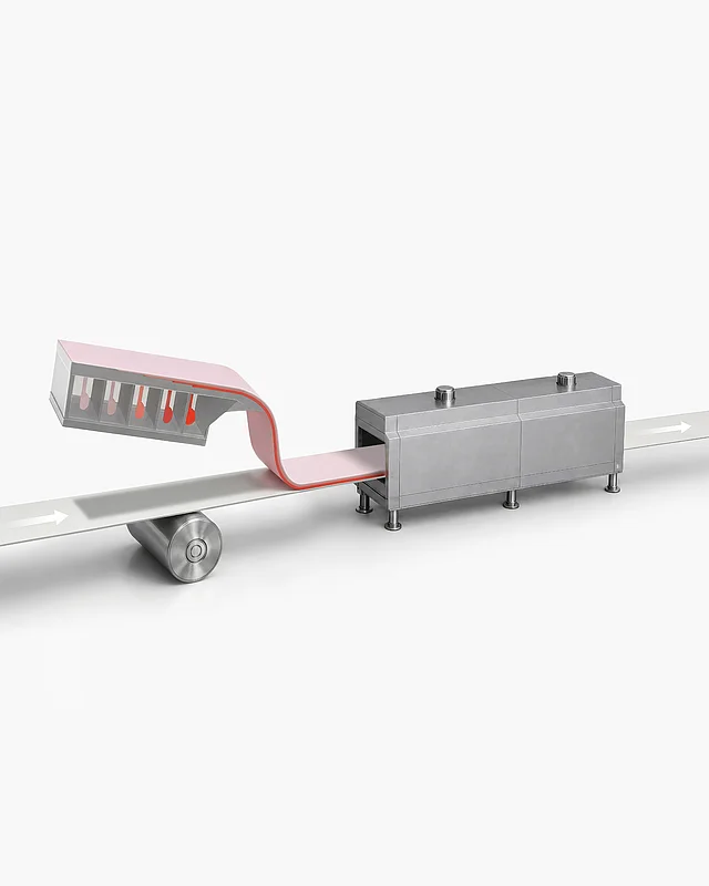 Illustration des Curtain-Coating-Verfahrens: Ein Beschichtungsvorhang fließt auf eine Papierbahn, die über eine Walze läuft