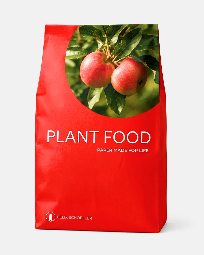 Rote Papierverpackung „Plant Food“ von Felix Schoeller als Papiersack mit Apfelmotiv und Claim „Paper made for life“