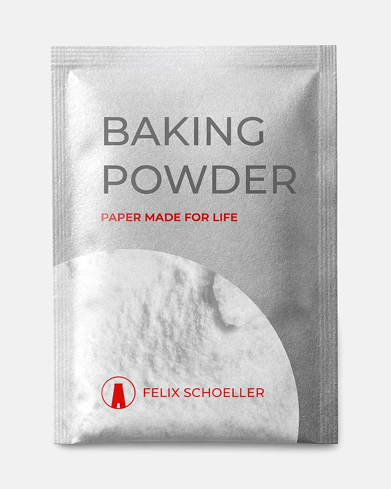 Weißes Papiersachet „Baking Powder“ von Felix Schoeller mit Backpulver-Motiv und Claim „Paper made for life“