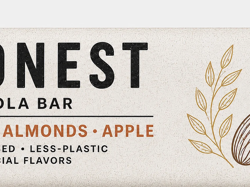 Papierverpackung des Riegels „Honest Granola Bar“ mit Motiven für Hafer, Mandeln und Apfel sowie dem Hinweis „Paper-based, Less-Plastic“