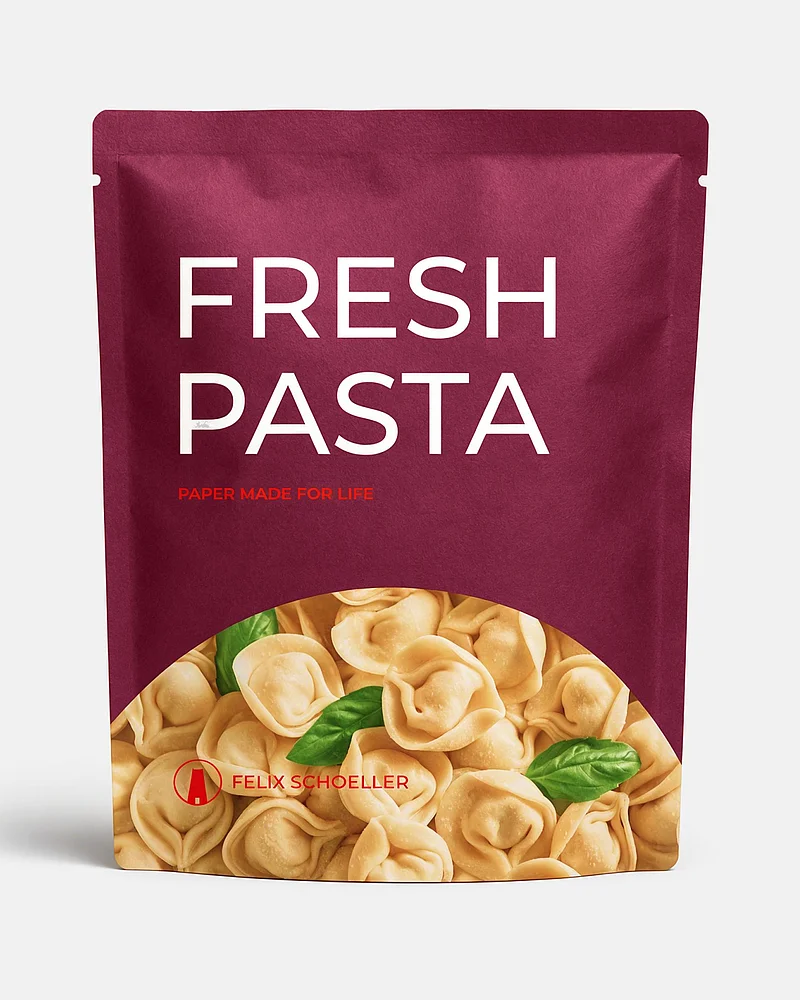 Bordeauxrote Papierverpackung für frische Pasta mit Tortellini von Felix Schoeller