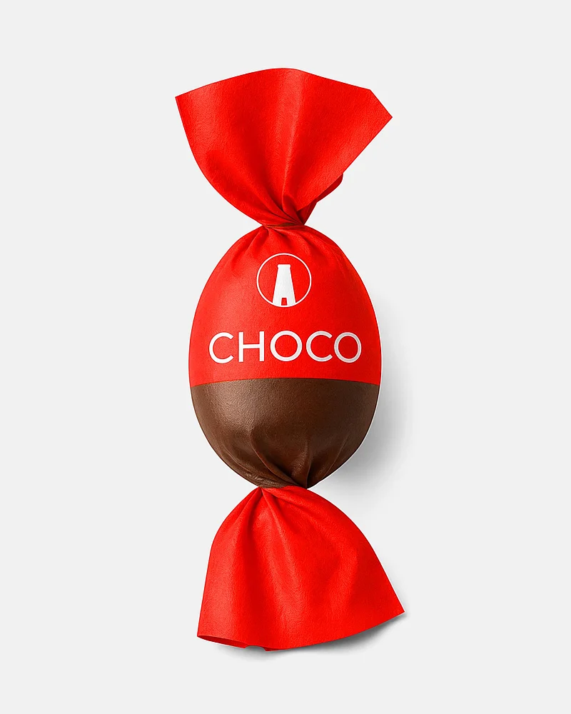 Rote Papierverpackung „Choco“ von Felix Schoeller für Schokopralinen mit Logo und dunklem Schokoladenüberzug