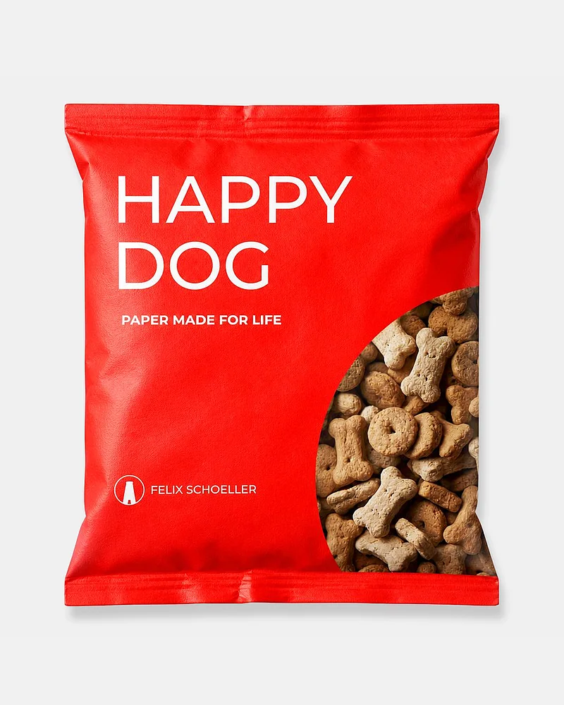 Rote Papierverpackung „Happy Dog“ von Felix Schoeller mit aufgedrucktem Motiv von Hundekeksen