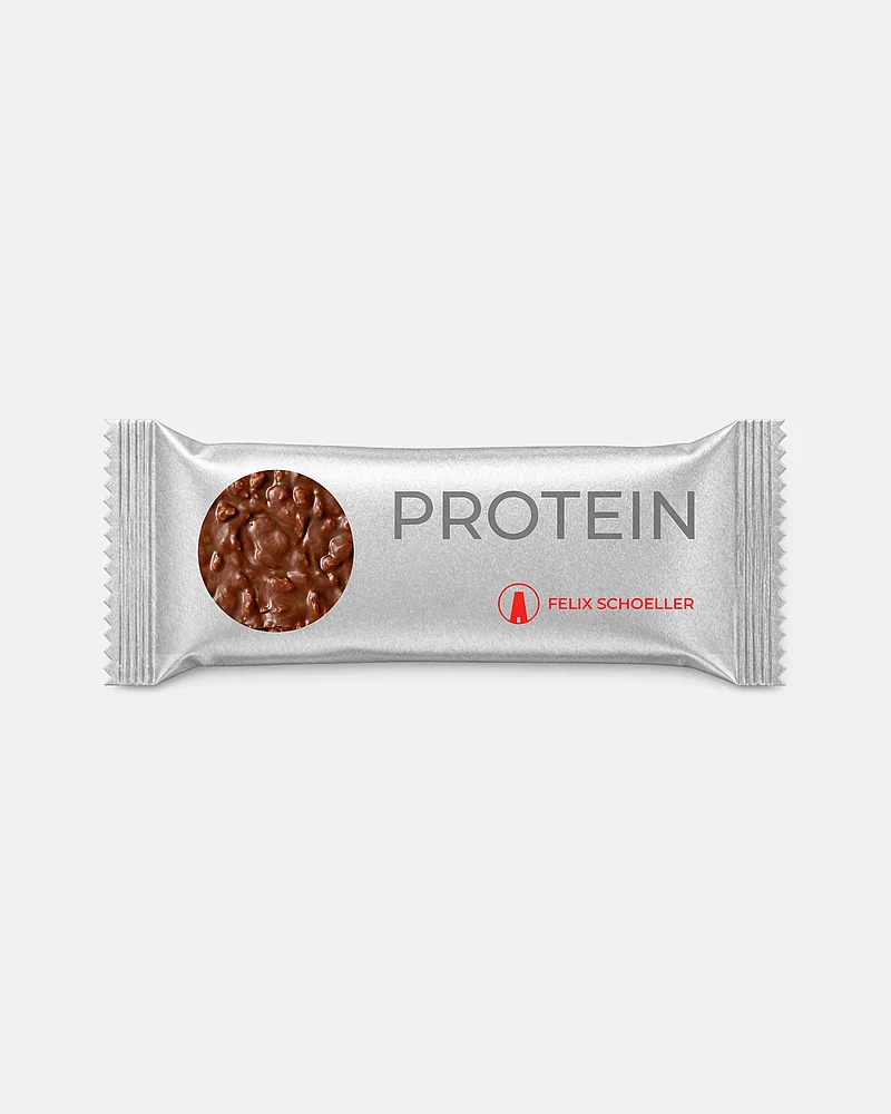 Papierverpackung für Protein-Riegel „Protein“ von Felix Schoeller mit Schokoladenmotiv und rotem Logo