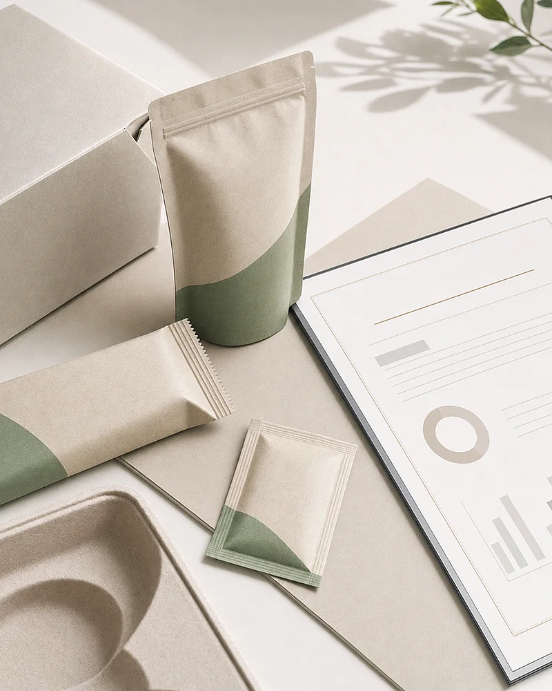 Papierverpackungen als Beutel und Stick-Pack mit grüner Akzentfarbe, daneben ein Dokument mit Diagrammen
