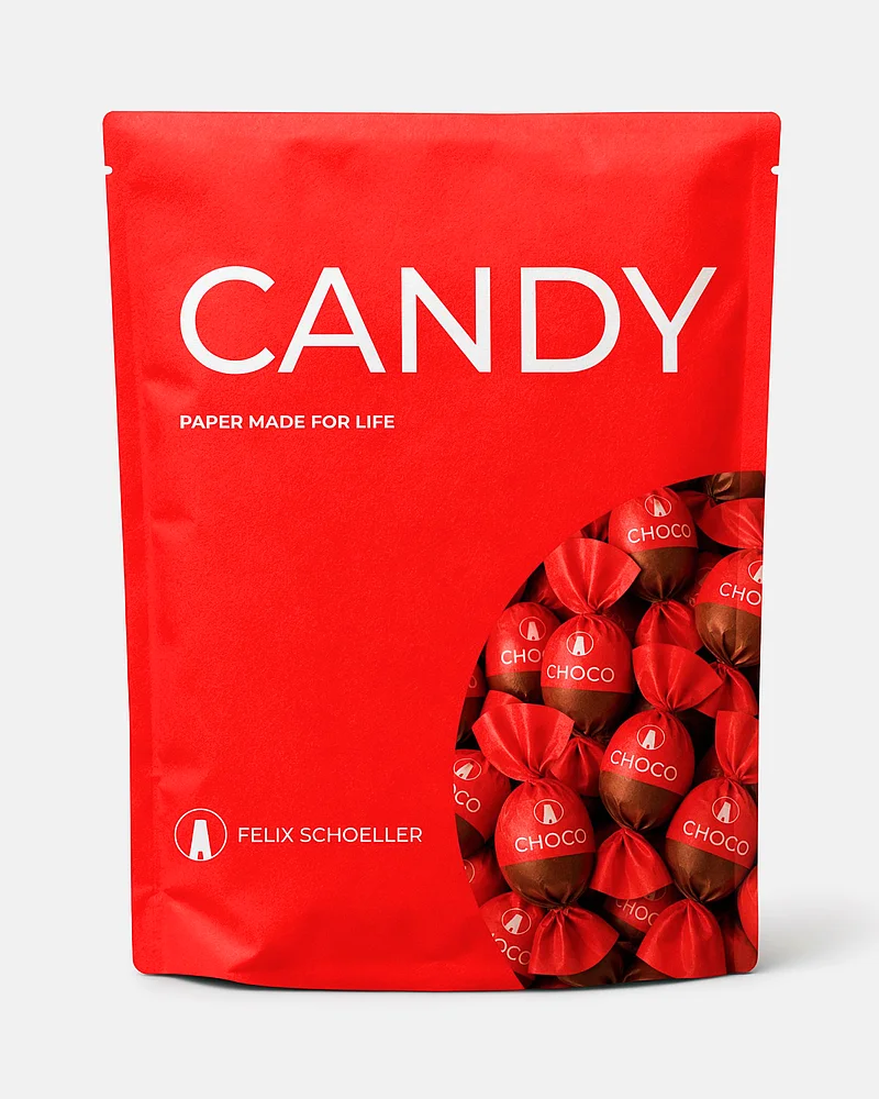 Rote Papierbeutel „Candy“ von Felix Schoeller mit aufgedrucktem Motiv von Choco-Pralinen in Papierverpackung