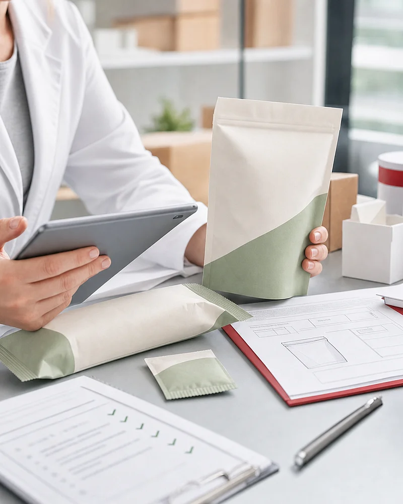 Person im weißen Kittel hält Tablet und eine Papierverpackung mit grünem Design