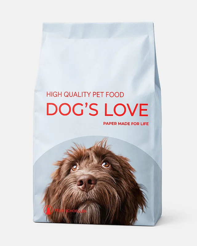 Hellblaue Papierverpackung „Dog's Love“ von Felix Schoeller mit Hundeporträt und dem Schriftzug „High Quality Pet Food“