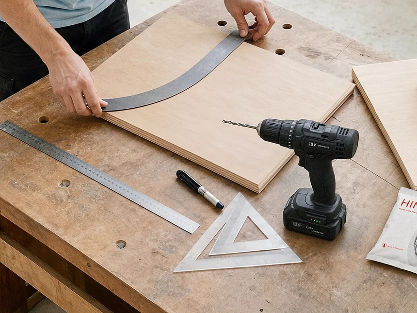 Heimwerker in der Werkstatt mit Papierverpackungen „Hinges“ und „Drill Bits“ von Felix Schoeller auf der Werkbank