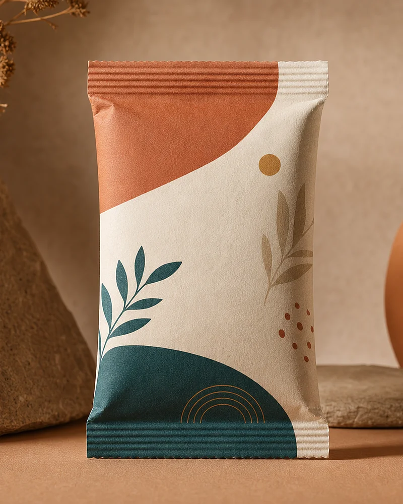 Papiersachet mit individuellem Design in Terrakotta, Petrol und Gold und stilisierten Blattmotiven