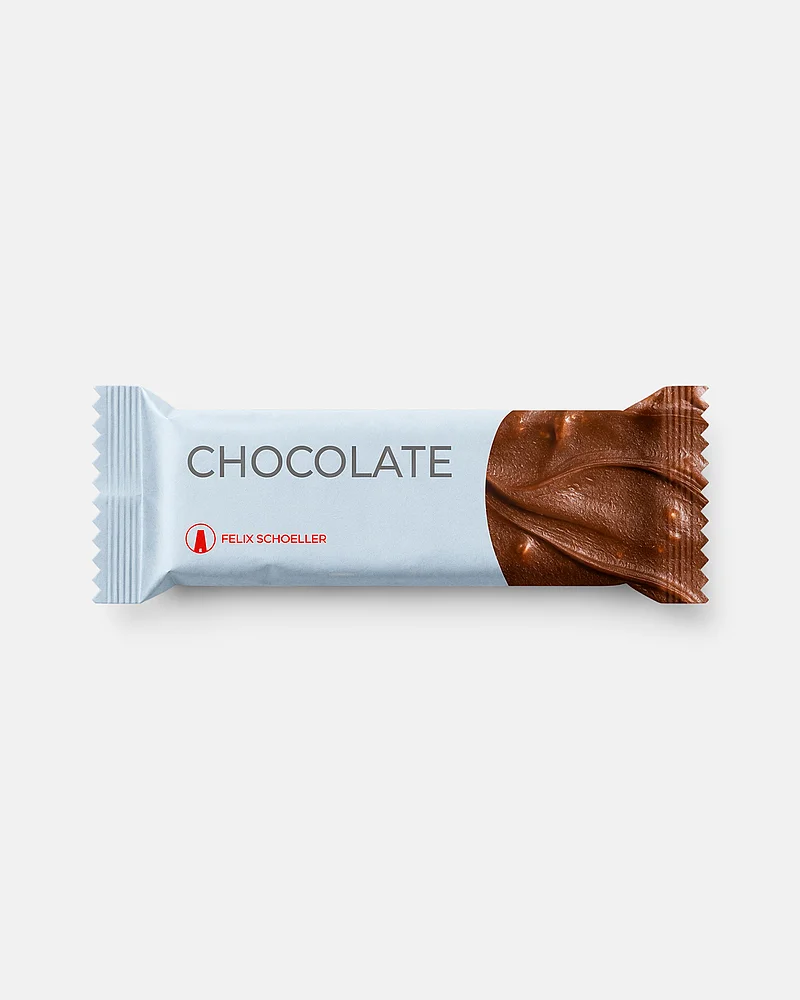 Hellblaue Papierverpackung „Chocolate“ von Felix Schoeller für Schokoriegel mit Schokoladenmotiv und Logo
