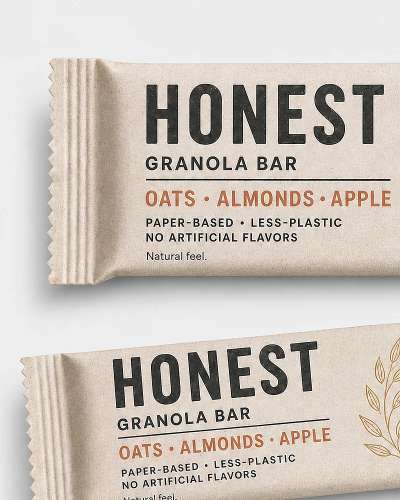 Zwei Papierverpackungen des Riegels „Honest Granola Bar“ nebeneinander auf hellgrauem Hintergrund