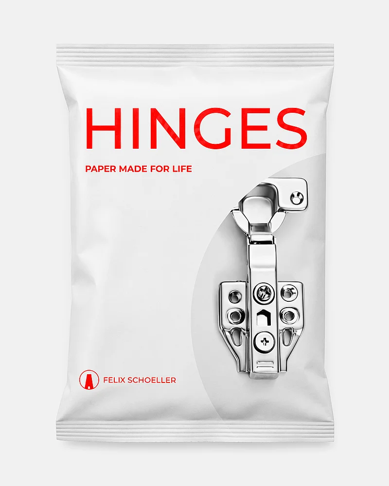 Weiße Papierverpackung „Hinges“ von Felix Schoeller mit Scharnier-Motiv und rotem Schriftzug