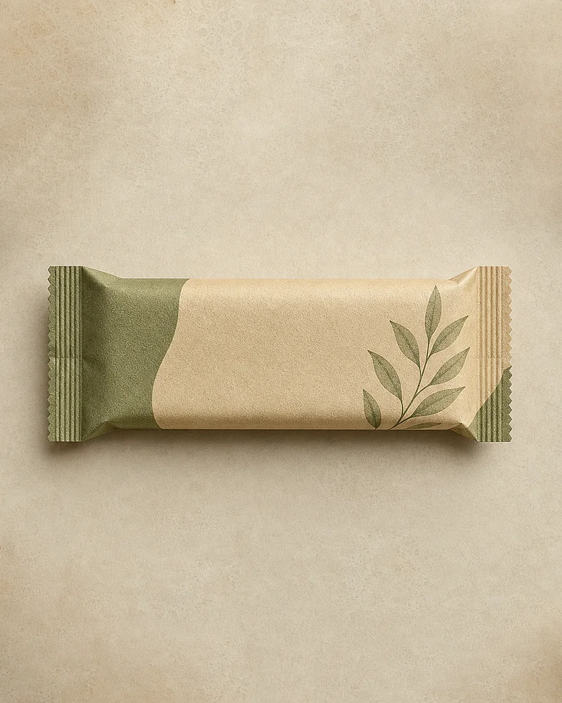 Papierverpackung für einen Riegel in Olivgrün und Naturpapierton mit Blattmotiv