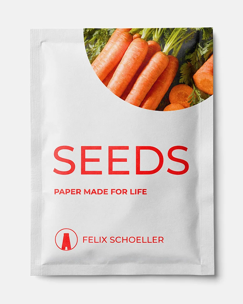 Weiße Papierverpackung „Seeds“ von Felix Schoeller mit Karottenmotiv und rotem Logo